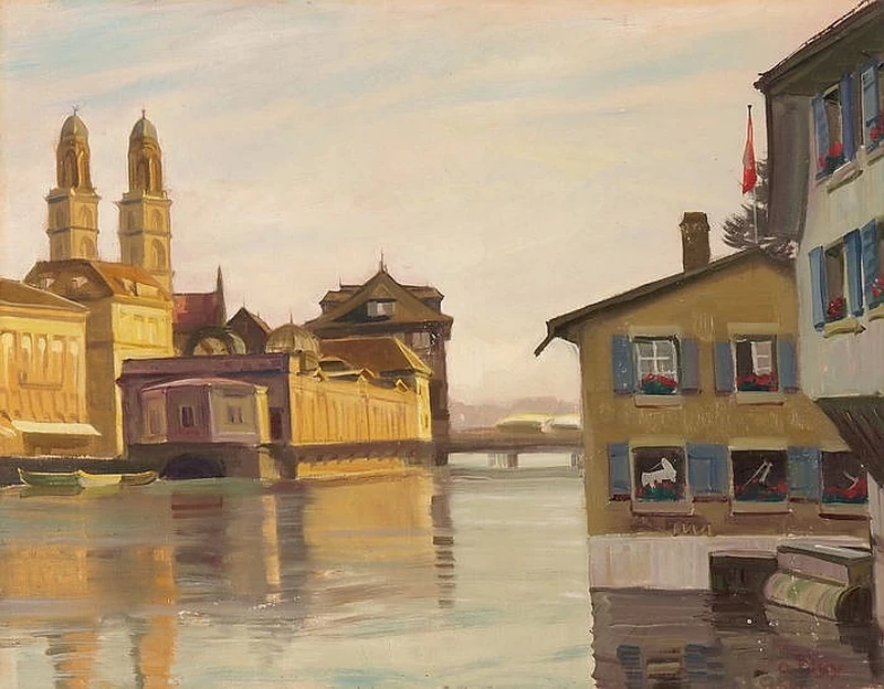 Vista di Zurigo sulla Limmat con Schipfe e vista del Grossmünste